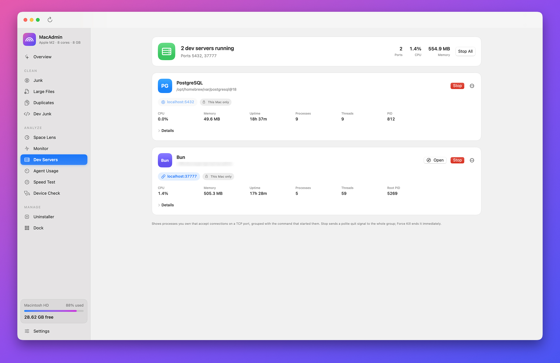 MacAdmin Dev Servers, listing running servers and their ports