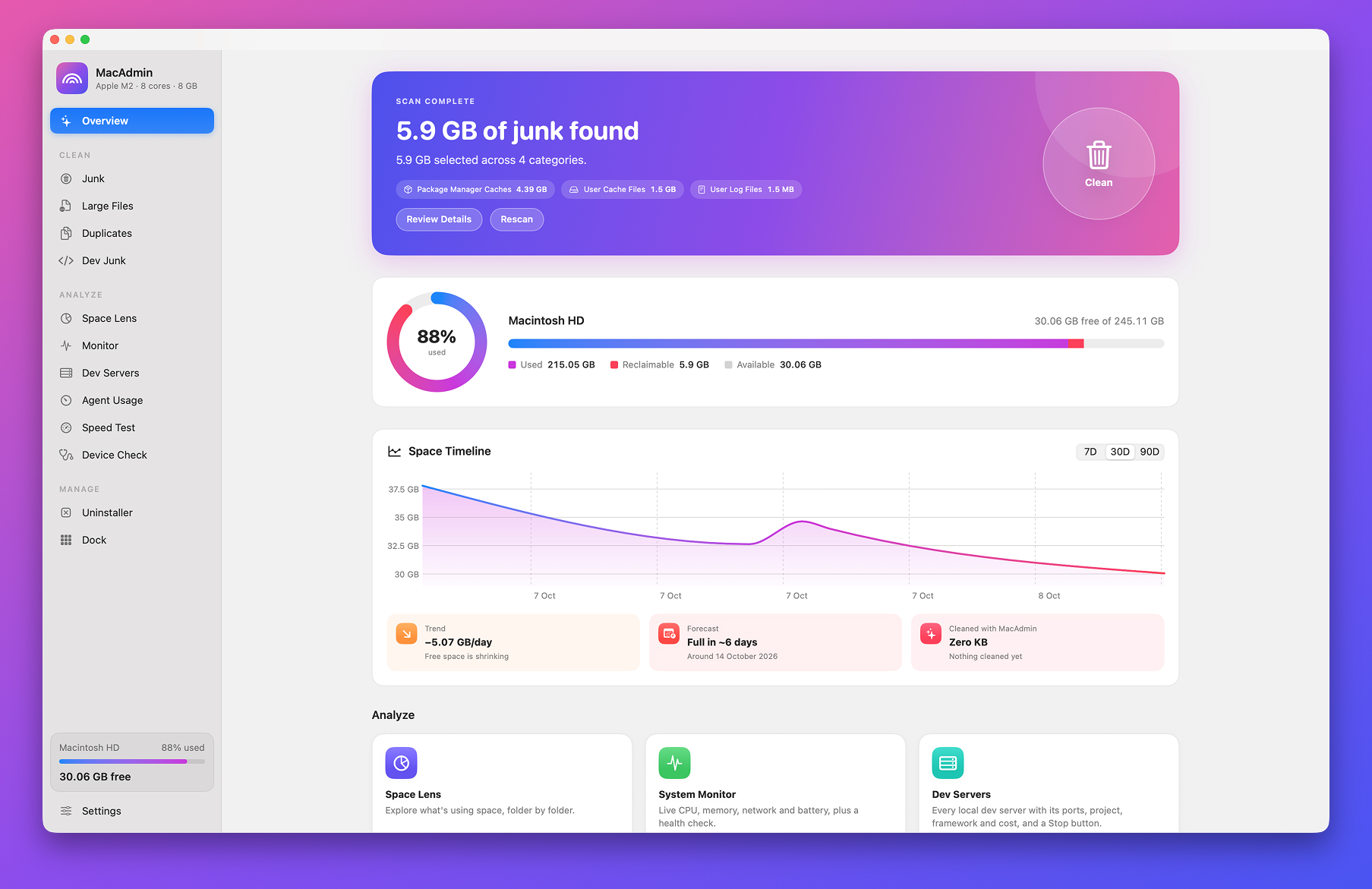 MacAdmin's Overview, showing disk usage and the Smart Scan